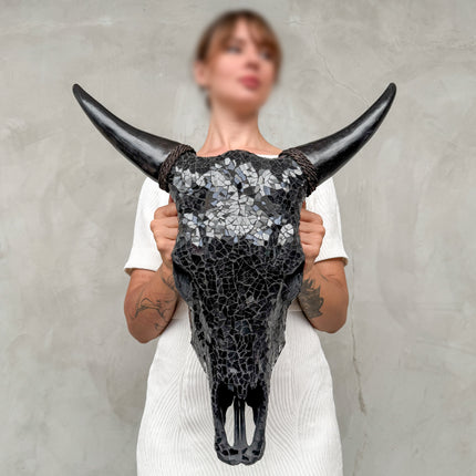 Black Mosaic Cow Skull | Taxidermy Wall Art for Modern Boho or Western Decor - Skull,A/123