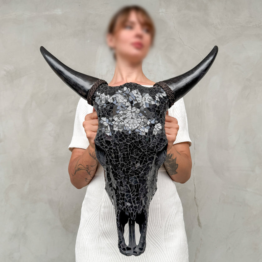 Black Mosaic Cow Skull | Taxidermy Wall Art for Modern Boho or Western Decor