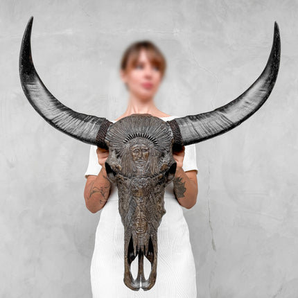 Caved Waterbuffalo Skulls with INdian Carving Skull,A/098