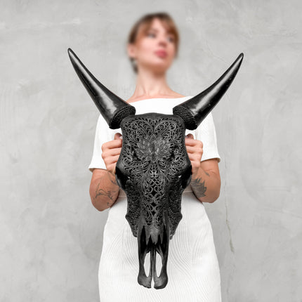 Hand-Carved Cow Skull with Lotus Flower – Black Skull Wall Art – Boho Spiritual Home Decor - Skull,A/072