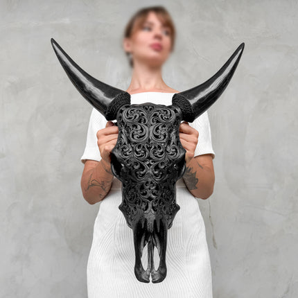 Hand-Carved Cow Skull with Traditional Balinese Pattern – Black Carved Skull Wall Art – Gothic Boho Home Decor - Skull,A/069