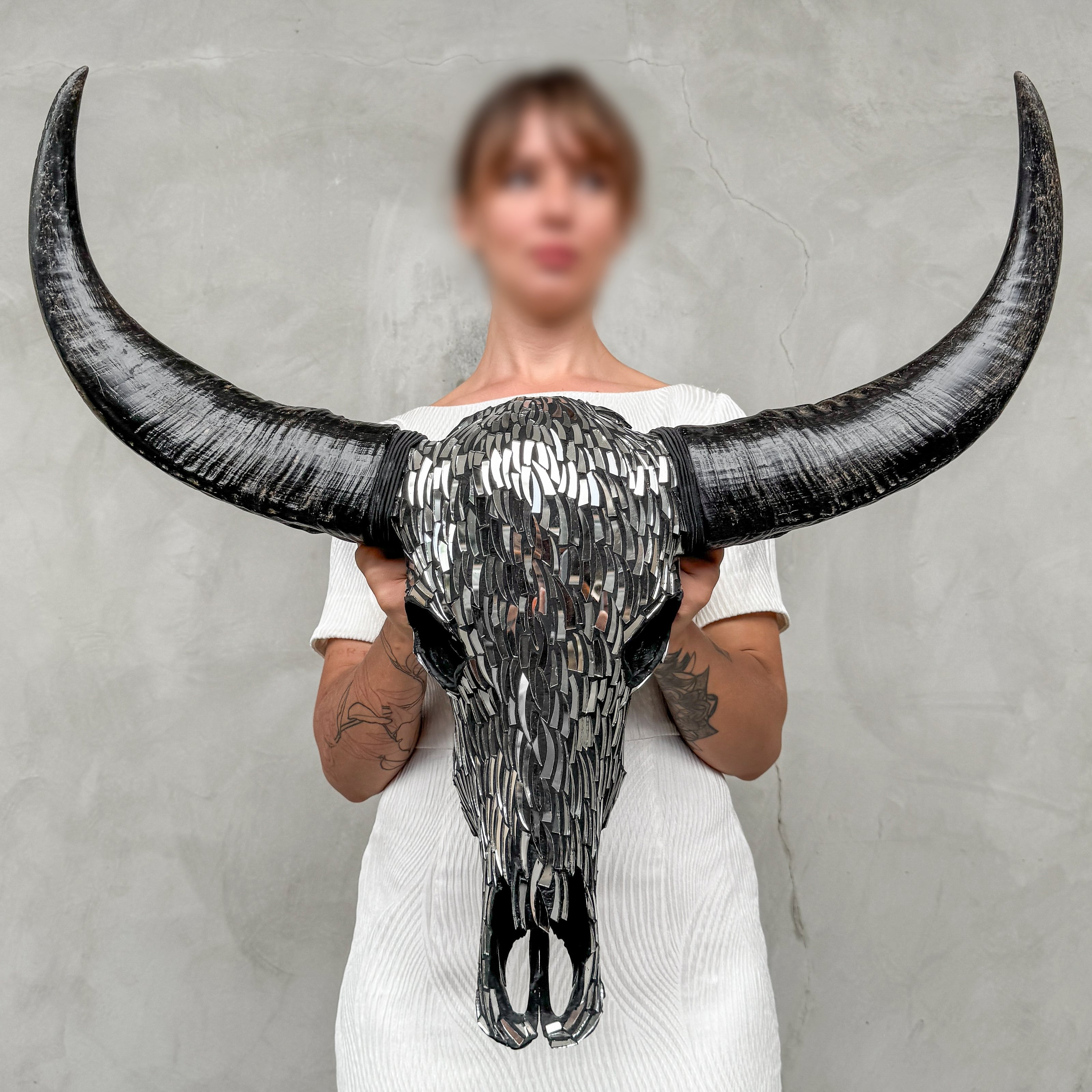 Silver Mirror Buffalo Skull Wall Art – Horned Decorative Head for Boho, Glam, Western, Industrial, or Contemporary Interiors - Skull,A/132