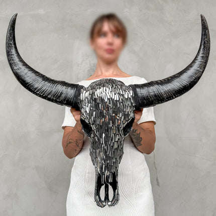 Silver Mirror Buffalo Skull Wall Art – Horned Decorative Head for Boho, Glam, Western, Industrial, or Contemporary Interiors - Skull,A/132