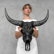 Black Carved Buffalo Skull with Rose Motif — Handcrafted Wall Art - Skull,A/106