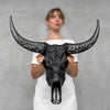 Black Carved Buffalo Skull with Rose Motif — Handcrafted Wall Art - Skull,A/106