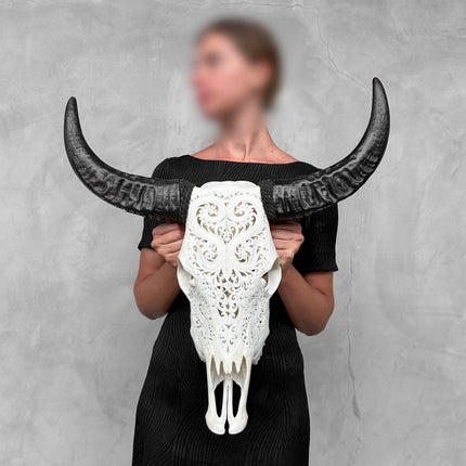 Carved Buffalo Skull with Leaf Motif - White Wall Art Decor for Boho, Rustic & Eclectic Interiors