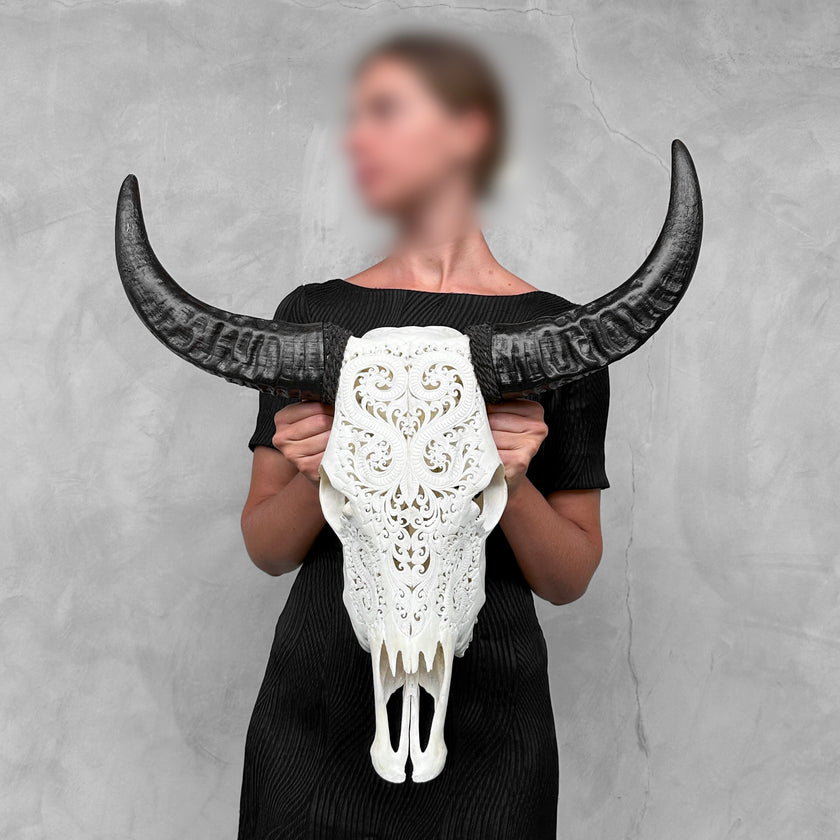 Carved Buffalo Skull with Leaf Motif - White Wall Art Decor for Boho, Rustic & Eclectic Interiors