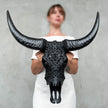 Black Carved Buffalo Skull with Tradball Motif — Handcrafted Statement Piece - Skull,A/105