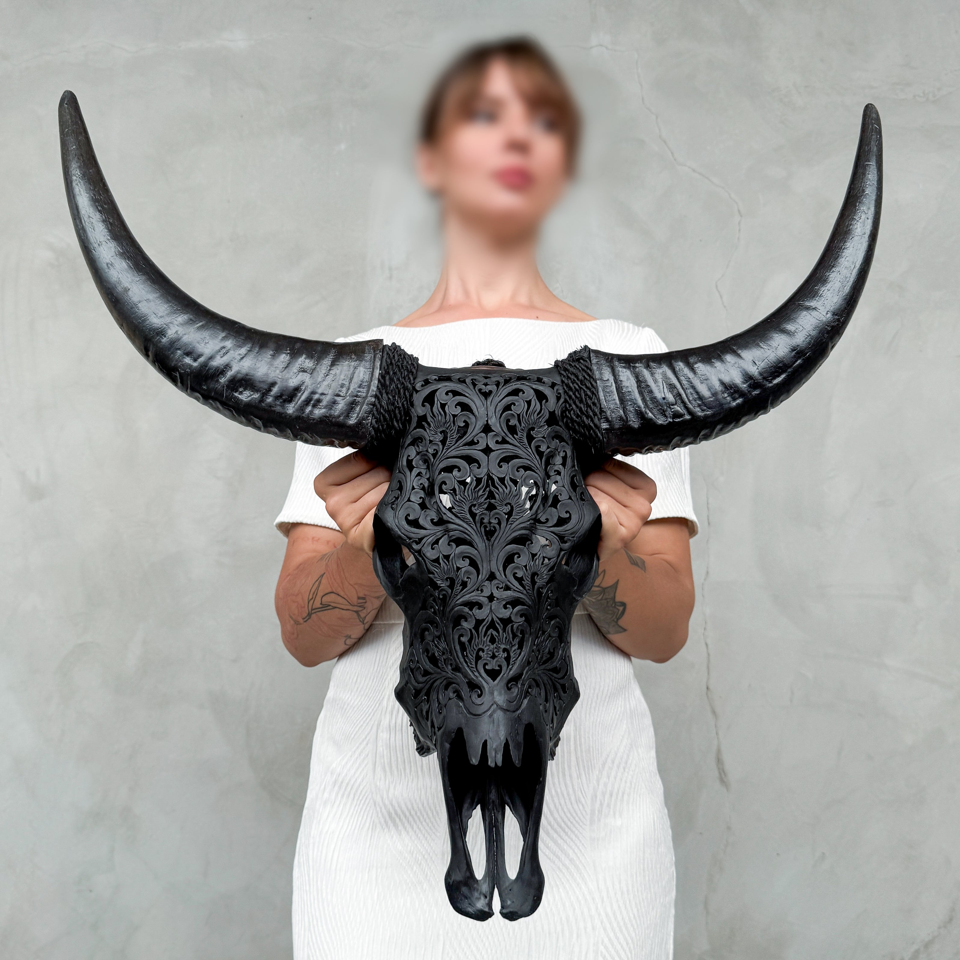 Black Carved Buffalo Skull with Tradball Motif — Handcrafted Statement Piece - Skull,A/105