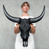 Black Carved Buffalo Skull with Tradball Motif — Handcrafted Statement Piece - Skull,A/105