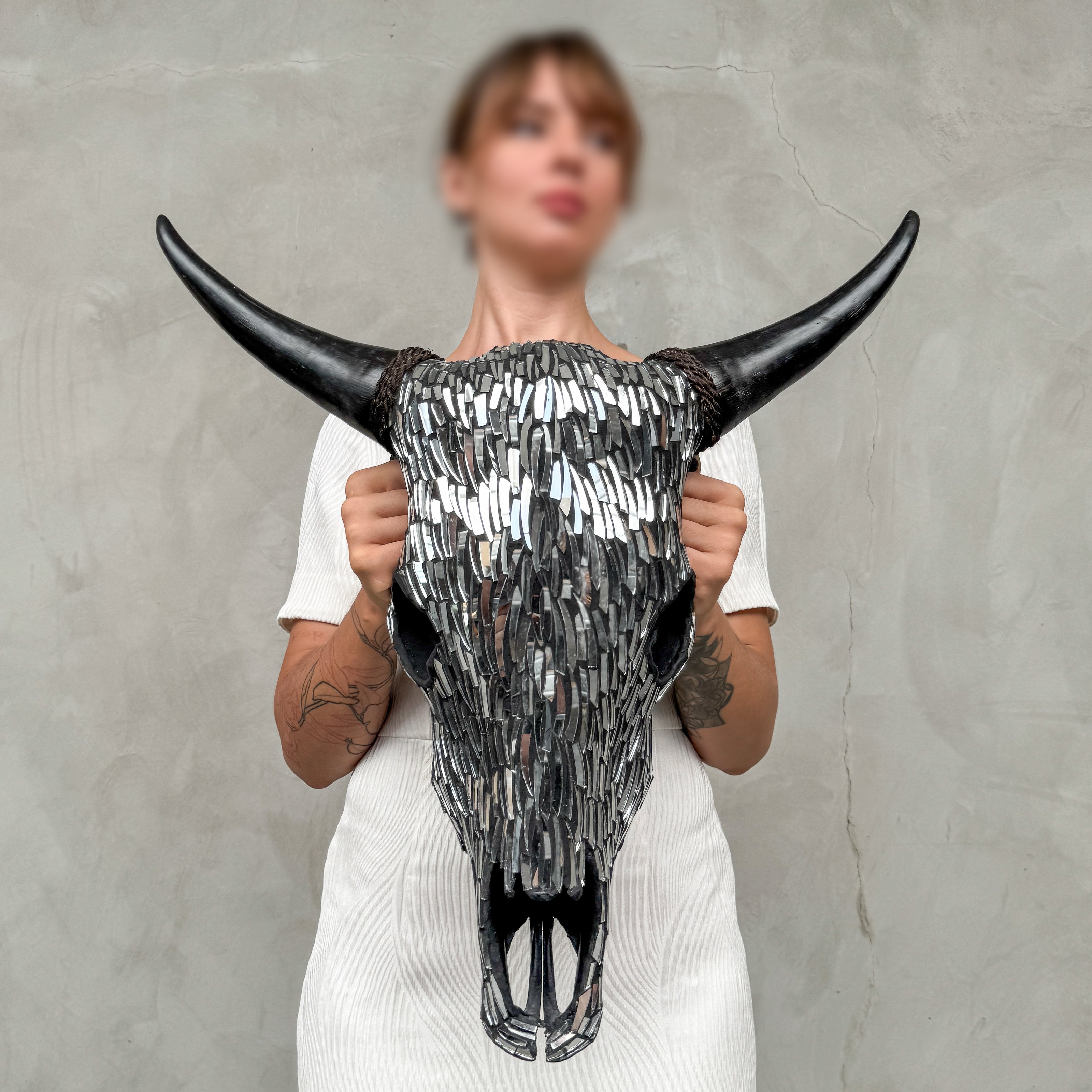 Silver Mosaic Cow Skull – Handcrafted Wall Decor for Boho, Nature-Inspired, or Eclectic Interiors - Skull,A/122