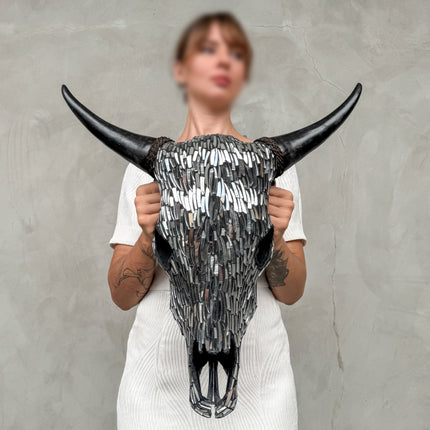 Silver Mosaic Cow Skull – Handcrafted Wall Decor for Boho, Nature-Inspired, or Eclectic Interiors - Skull,A/122
