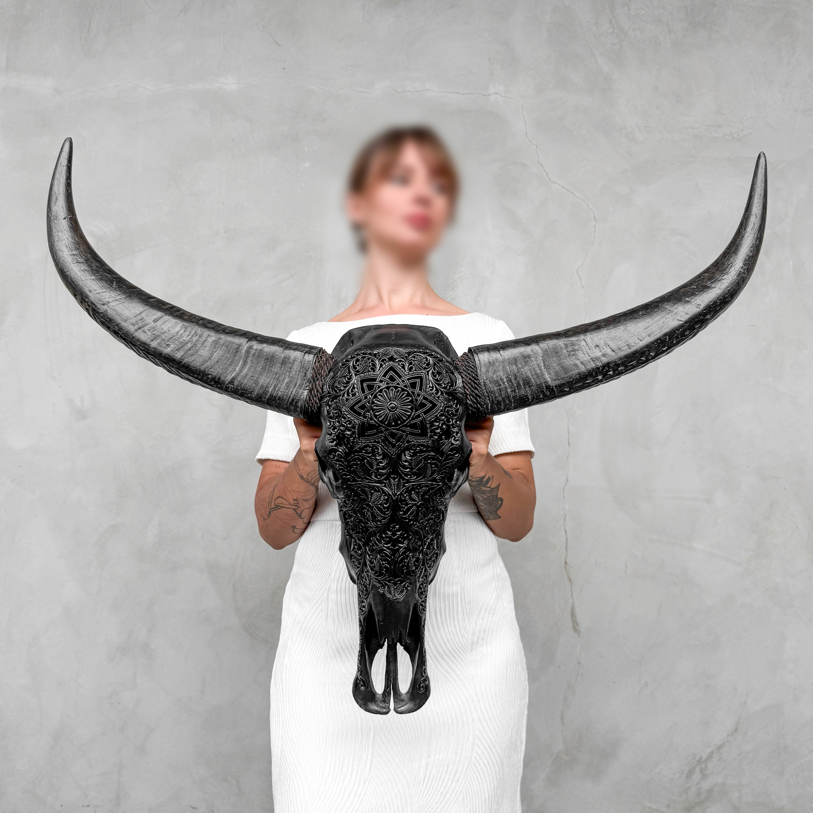Caved Waterbuffalo Skulls with Star Mandala Carving Skull,A/090