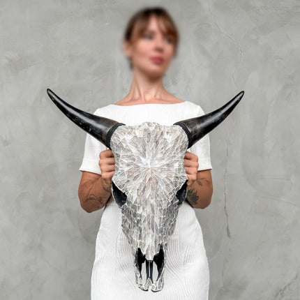 White Mosaic Cow Skull Wall Decor – Handmade Decorative Skull with Horns for Neutral, Boho, or Western Style Interiors - Skull,A/126