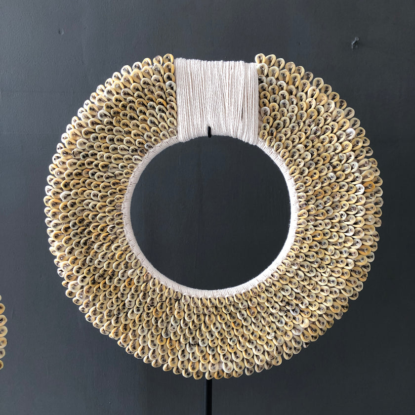 Pair of Large Yellow Colored Tolai Necklaces on a custom stands - 6T/086