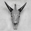 Hand-Carved Cow Skull with Badong Pattern – Tribal Gothic Wall Art – Ethnic Bone Skull Decor with Black Horns - Skull,A/076