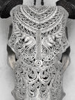 Hand-Carved Cow Skull with Badong Pattern – Tribal Gothic Wall Art – Ethnic Bone Skull Decor with Black Horns - Skull,A/076