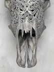 Hand-Carved Cow Skull with Badong Pattern – Tribal Gothic Wall Art – Ethnic Bone Skull Decor with Black Horns - Skull,A/076