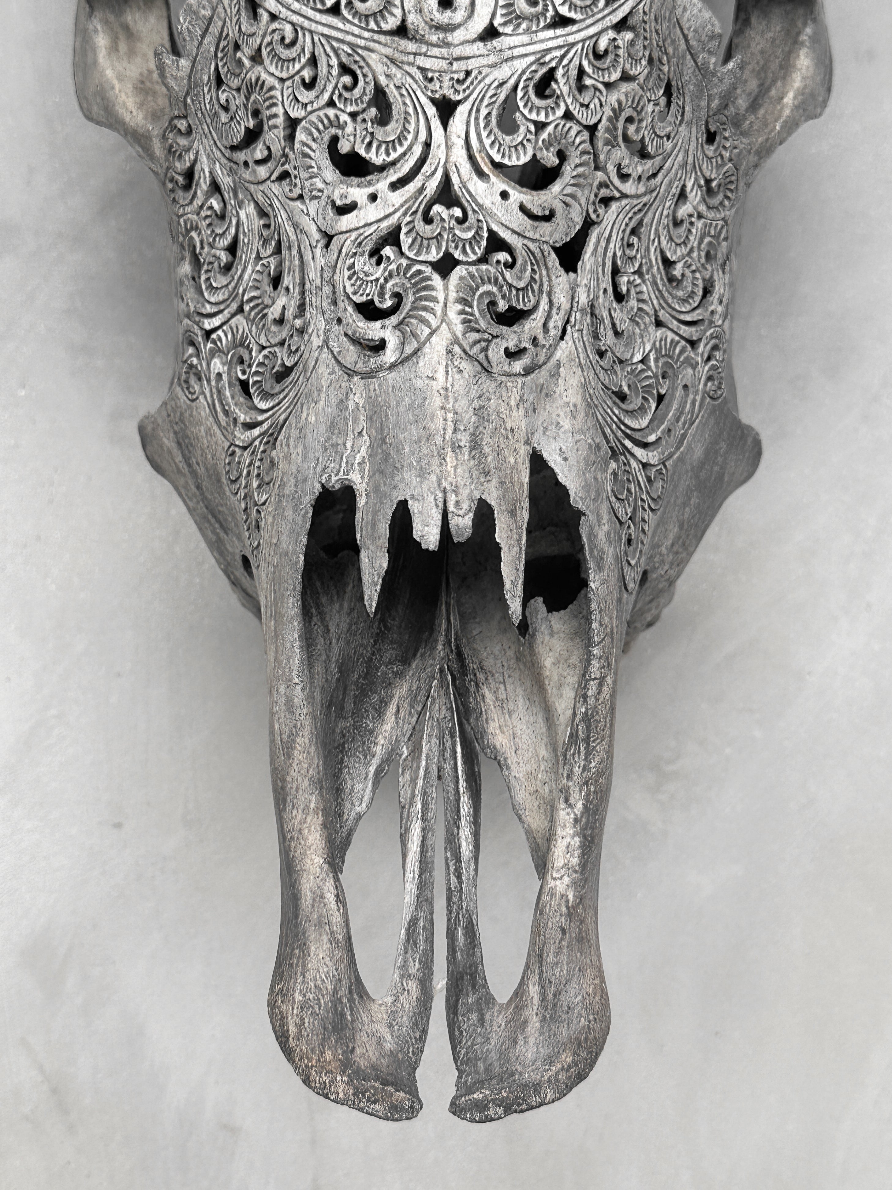 Hand-Carved Cow Skull with Badong Pattern – Tribal Gothic Wall Art – Ethnic Bone Skull Decor with Black Horns - Skull,A/076