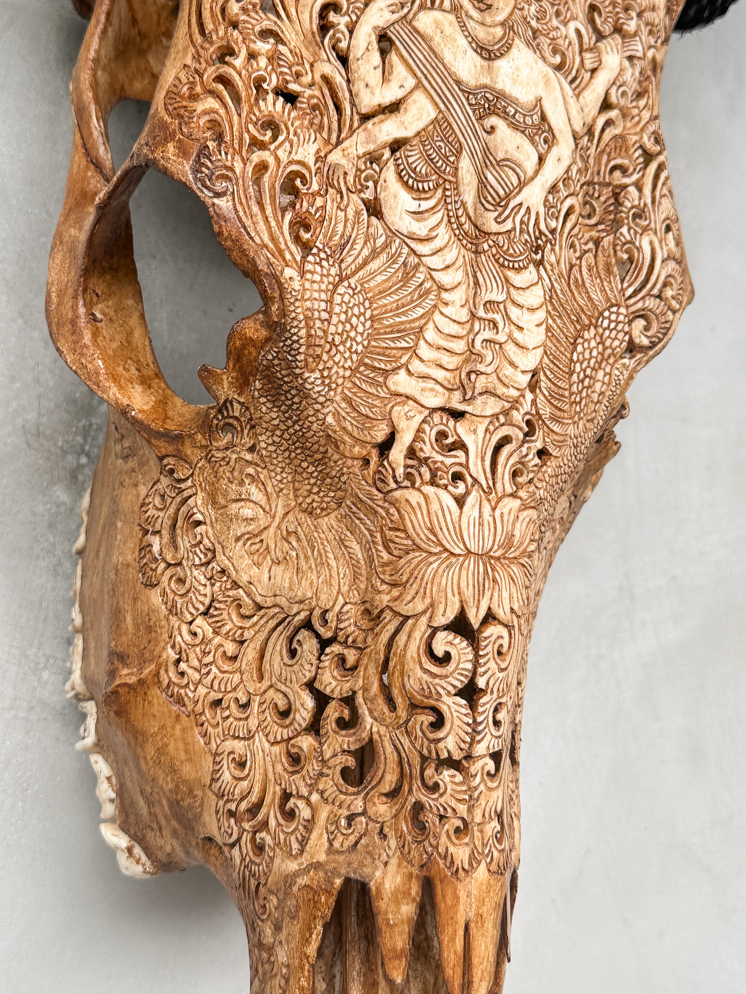 Hand-Carved Cow Skull with Dewi Saraswati – Sacred Balinese Art – Wall Hanging Carved Skull Decor -  Skull,A/067