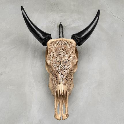 Hand-Carved Cow Skull with Tree Design – Rustic Boho Wall Art – Artisan Skull Sculpture with Black Horns - Skull,A/074