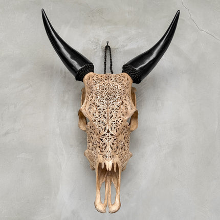 Hand-Carved Cow Skull with Star Mandala – Boho Wall Decor – Sacred Bone Skull Art with Black Horns - Skull,A/075