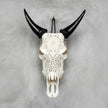 Hand-Carved White Cow Skull with Flower Mandala – Boho Wall Decor – Artisan Bone Skull Art with Black Horns - Skull,A/071