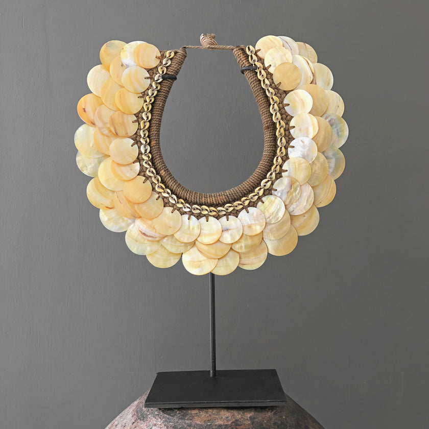 SN18 - Decorative shell necklace on custom stand - Cut rose pink,colored beads & natural fibres - 22/EX/356