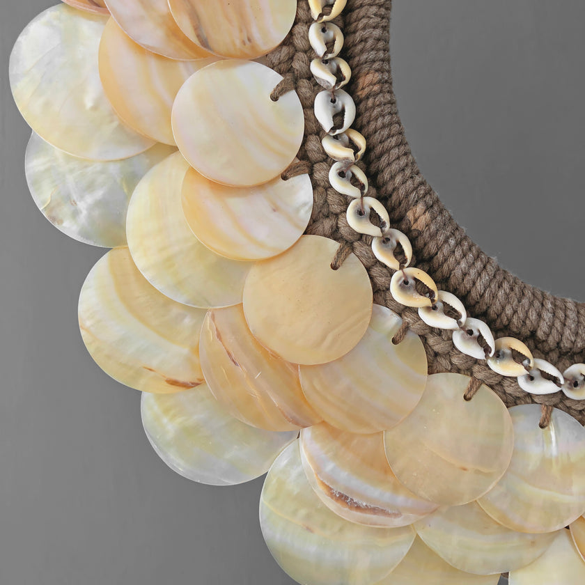 SN18 - Decorative shell necklace on custom stand - Cut rose pink,colored beads & natural fibres - 22/EX/356