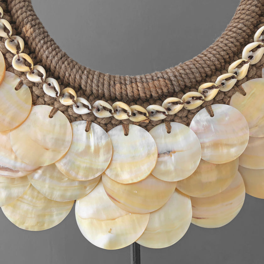 SN18 - Decorative shell necklace on custom stand - Cut rose pink,colored beads & natural fibres - 22/EX/356