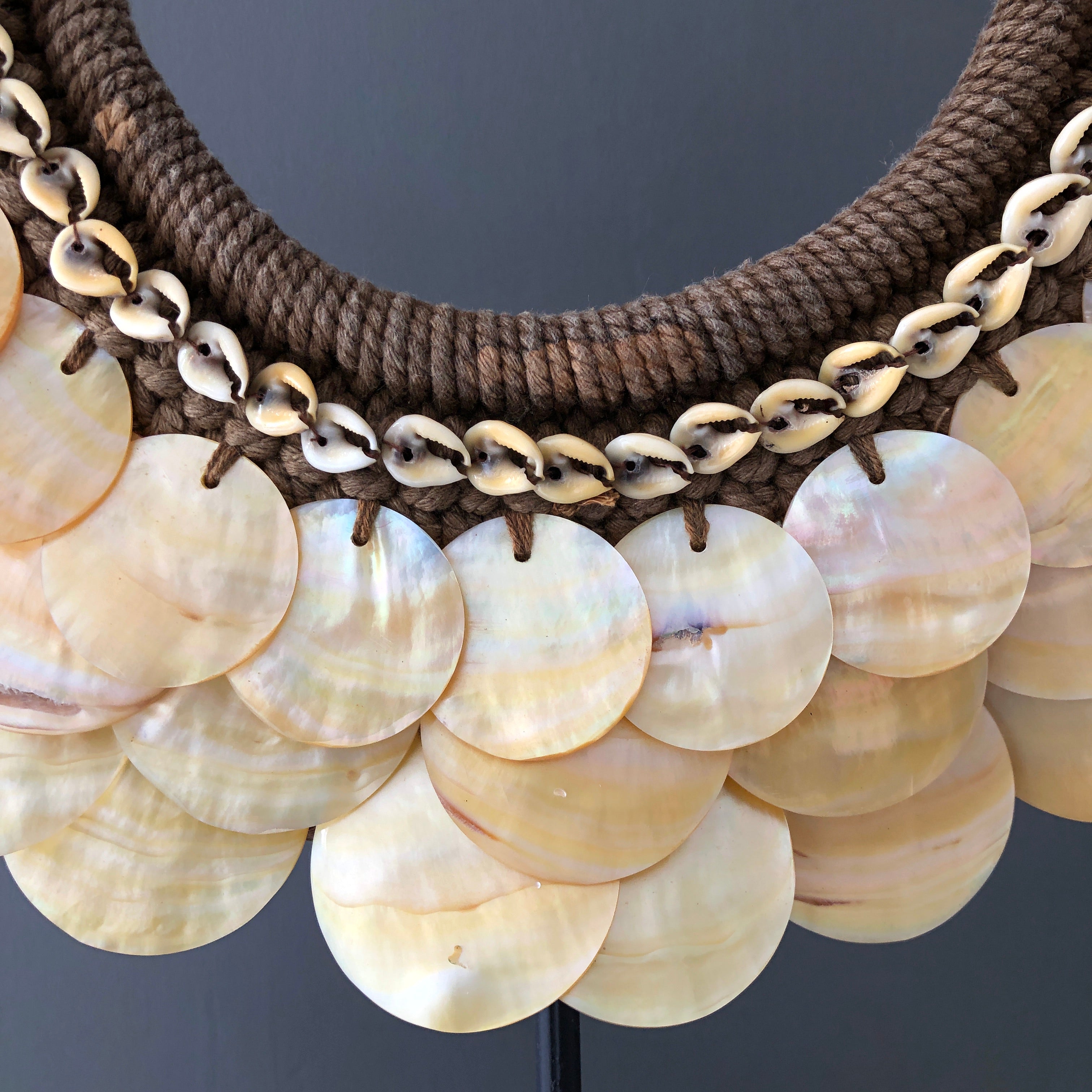 SN18 - Decorative shell necklace on custom stand - Cut rose pink,colored beads & natural fibres - 22/EX/356