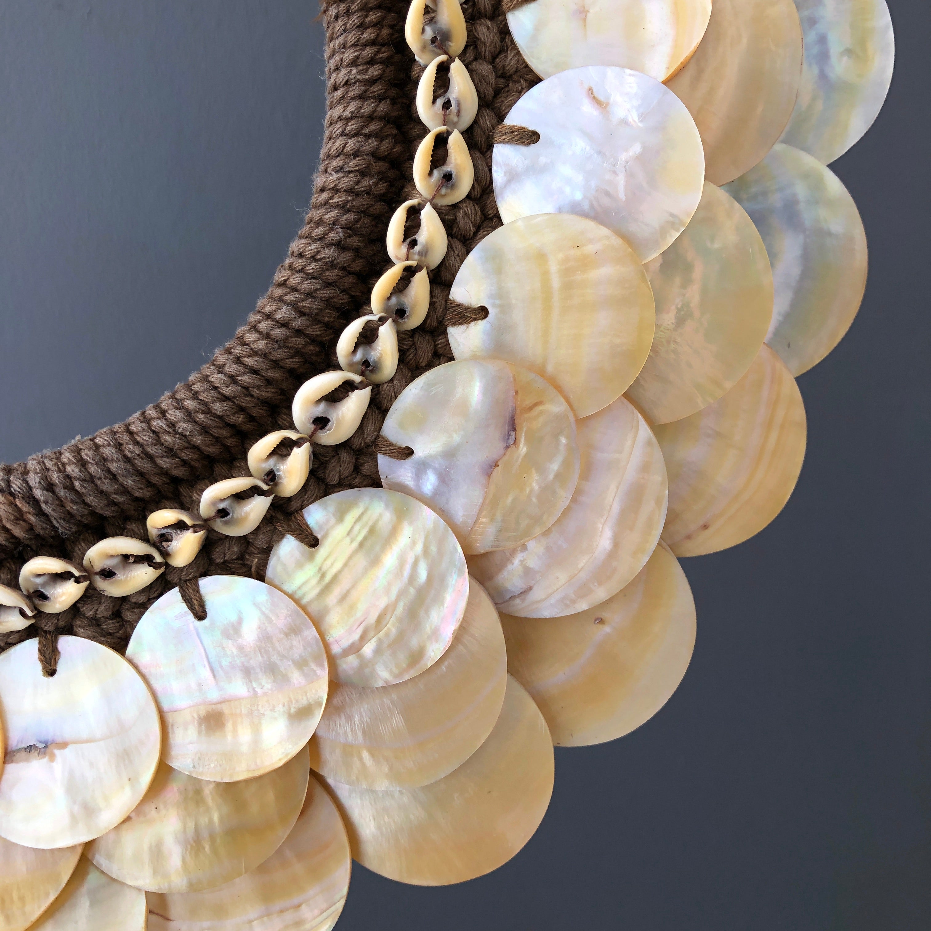 SN18 - Decorative shell necklace on custom stand - Cut rose pink,colored beads & natural fibres - 22/EX/356