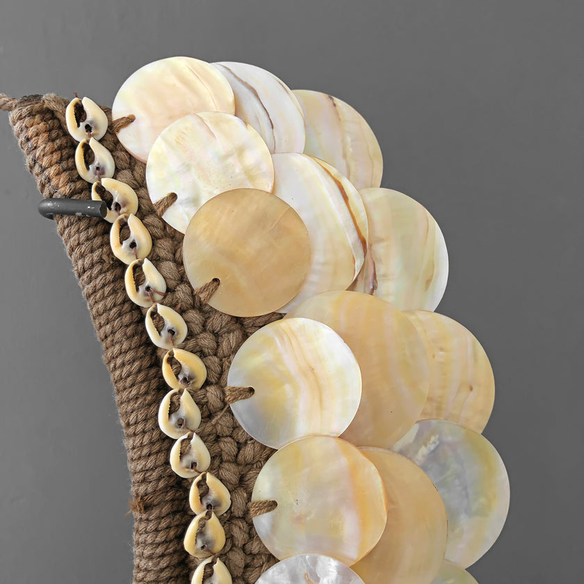 SN18 - Decorative shell necklace on custom stand - Cut rose pink,colored beads & natural fibres - 22/EX/356