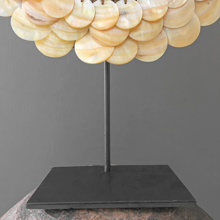 SN18 - Decorative shell necklace on custom stand - Cut rose pink,colored beads & natural fibres - 22/EX/356