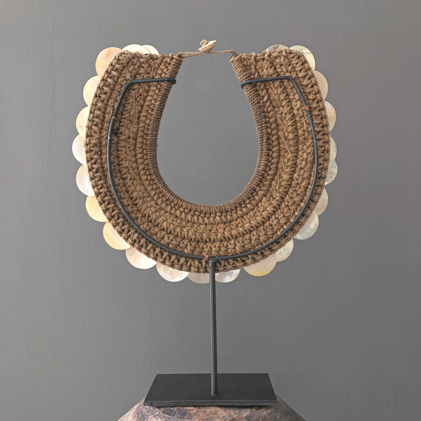 SN18 - Decorative shell necklace on custom stand - Cut rose pink,colored beads & natural fibres - 22/EX/356