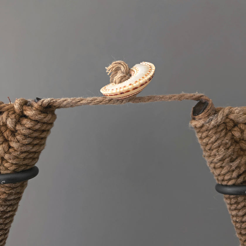 SN18 - Decorative shell necklace on custom stand - Cut rose pink,colored beads & natural fibres - 22/EX/356