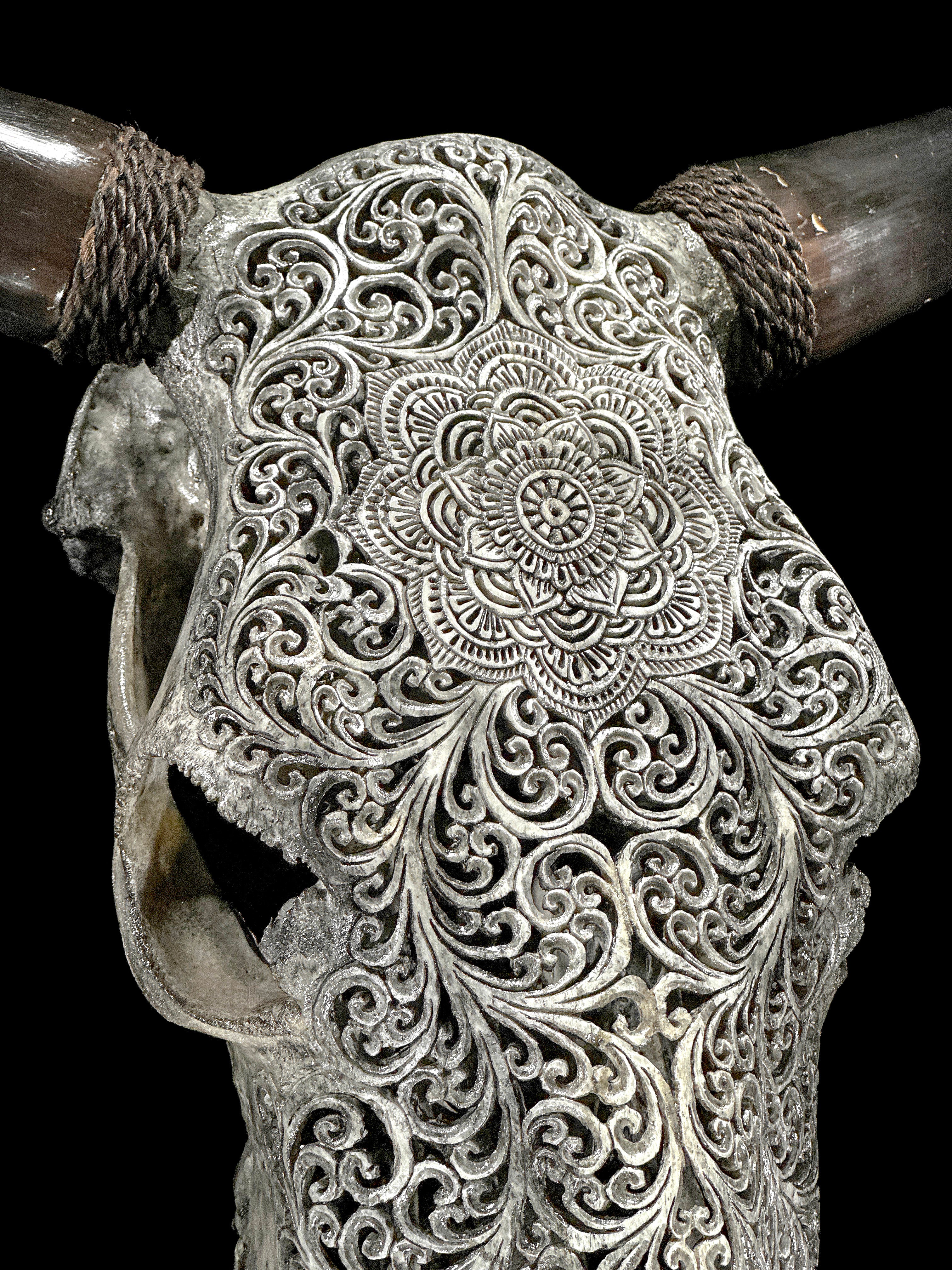Bull Skull Carved Flower Mandala - Skull,A/154