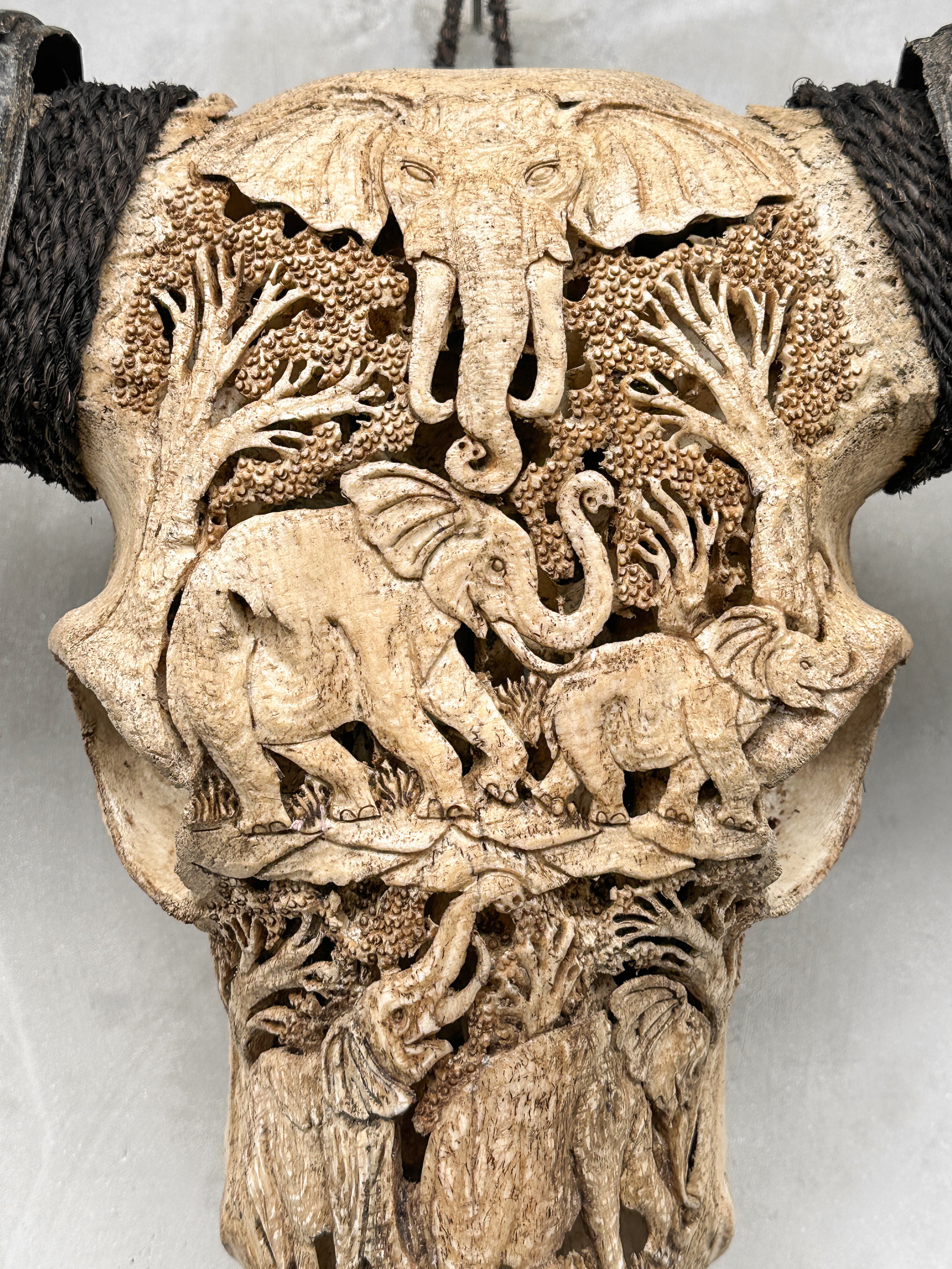 Carved Water Buffalo Skull with Elephant Scene – Handcrafted Bone Art – Wildlife Wall Decor – Safari Tribal Skull Sculpture - Skull,A/096