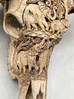 Carved Water Buffalo Skull with Elephant Scene – Handcrafted Bone Art – Wildlife Wall Decor – Safari Tribal Skull Sculpture - Skull,A/096