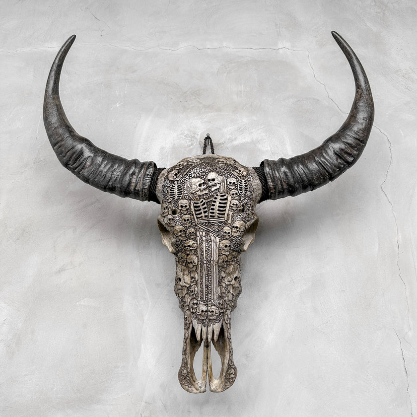 Caved Waterbuffalo Skulls with Human skull couple Carving Skull,A/099