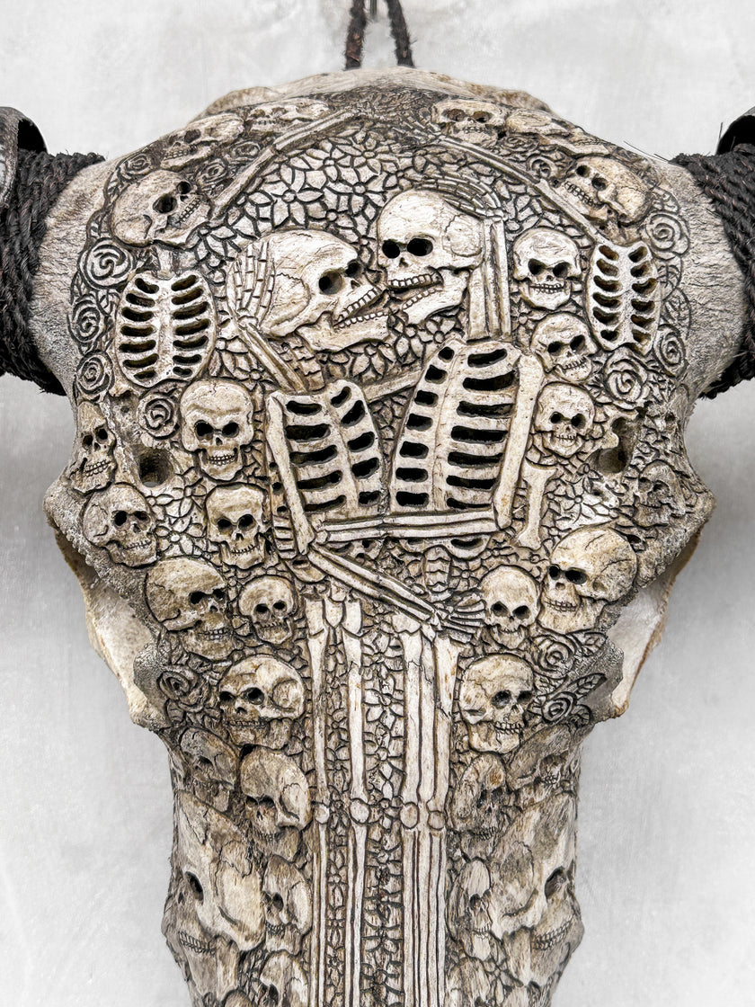 Caved Waterbuffalo Skulls with Human skull couple Carving Skull,A/099