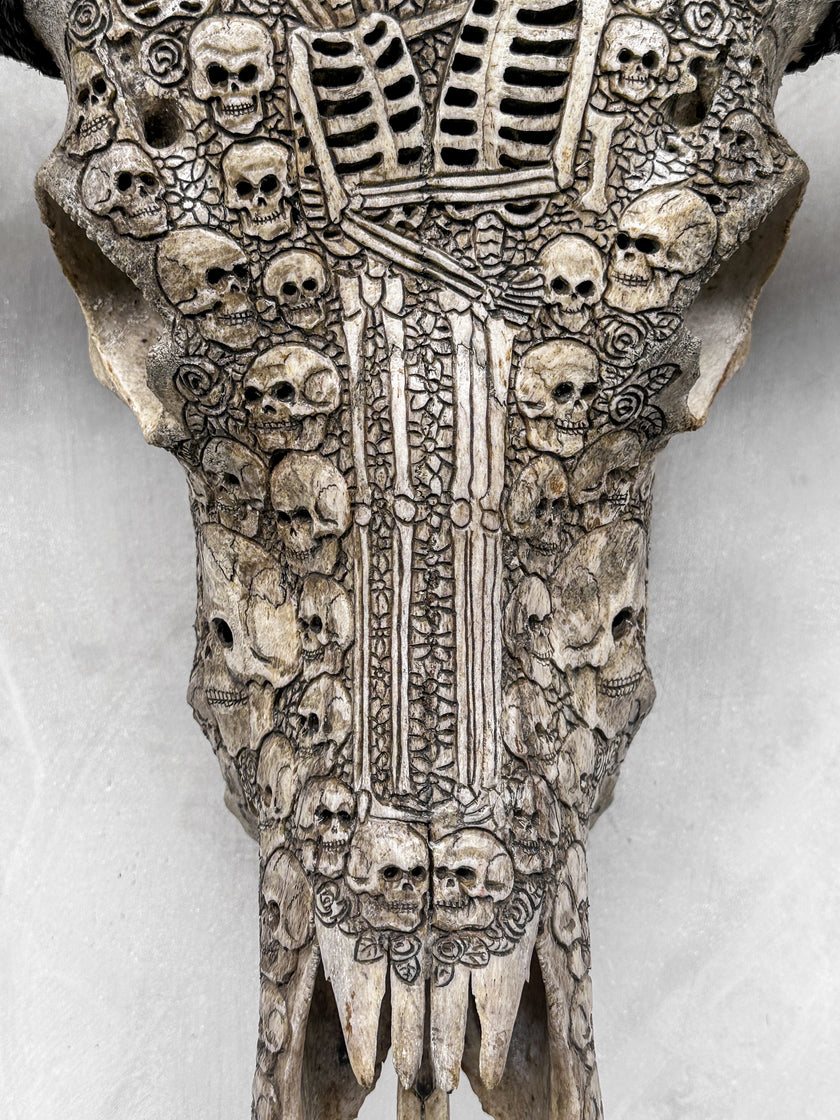 Caved Waterbuffalo Skulls with Human skull couple Carving Skull,A/099