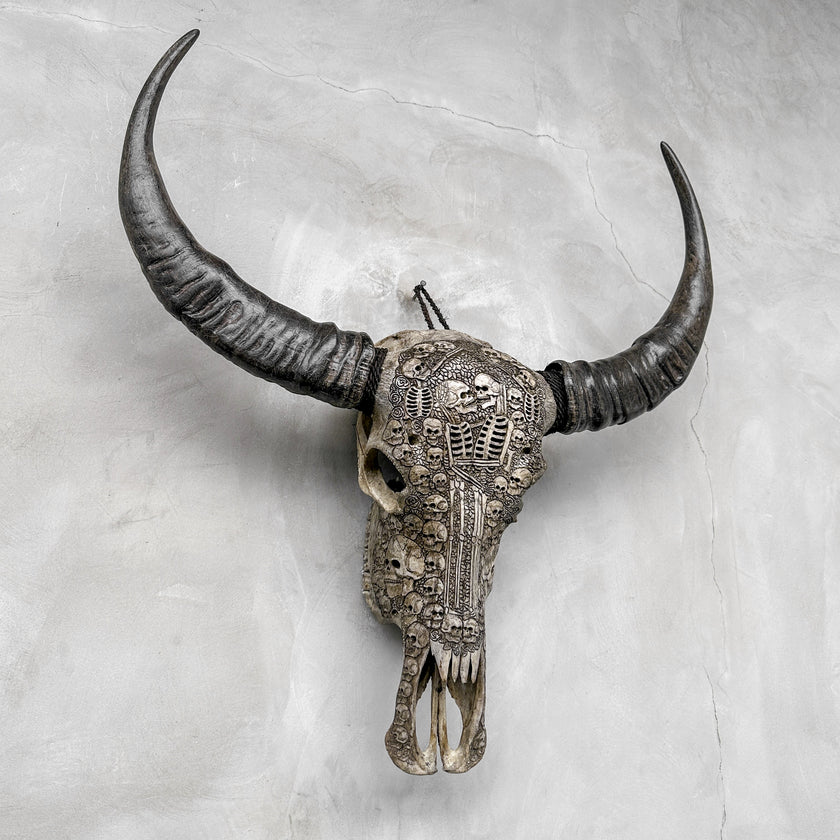 Caved Waterbuffalo Skulls with Human skull couple Carving Skull,A/099