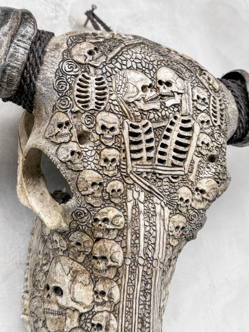 Caved Waterbuffalo Skulls with Human skull couple Carving Skull,A/099
