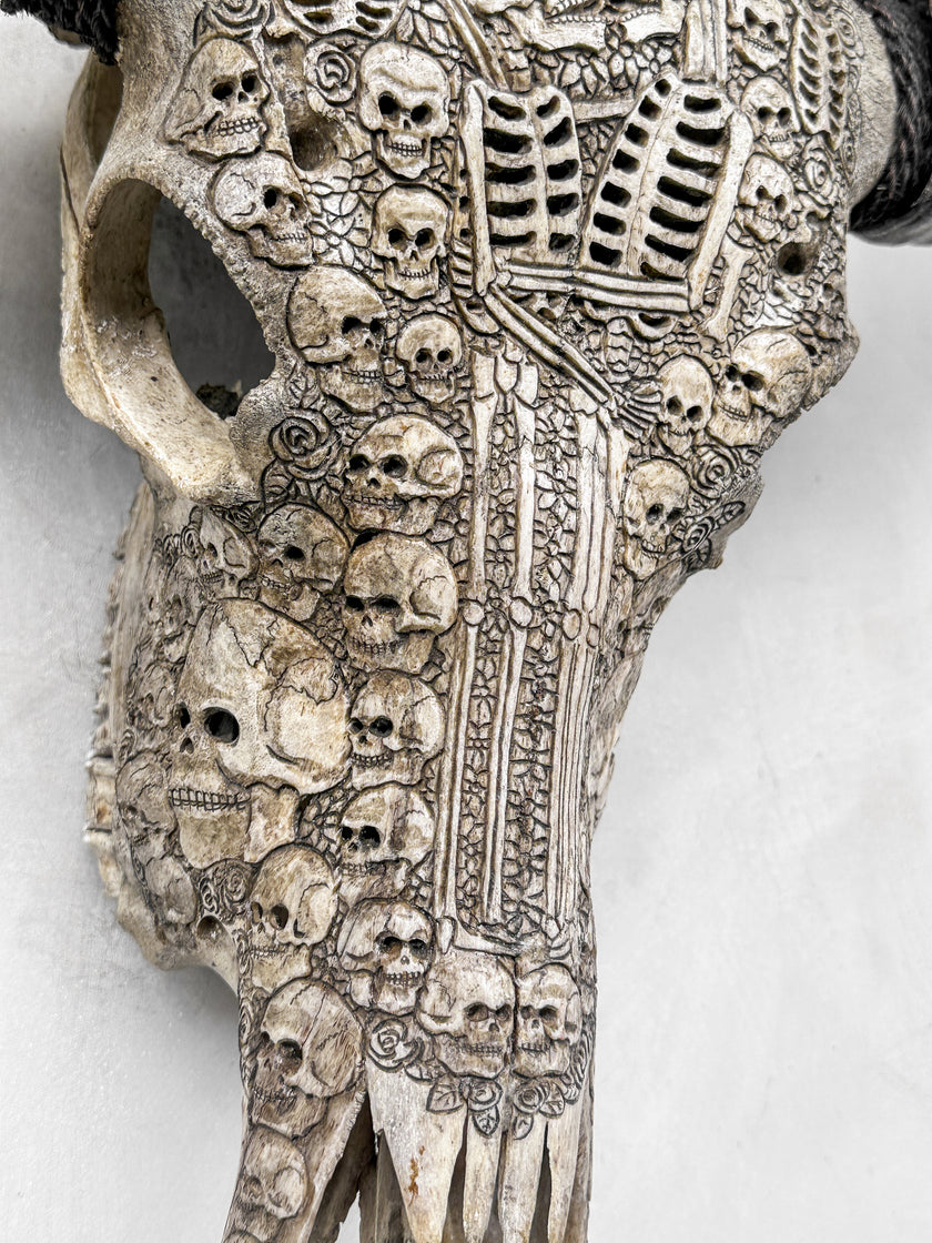 Caved Waterbuffalo Skulls with Human skull couple Carving Skull,A/099