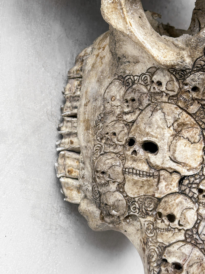 Caved Waterbuffalo Skulls with Human skull couple Carving Skull,A/099