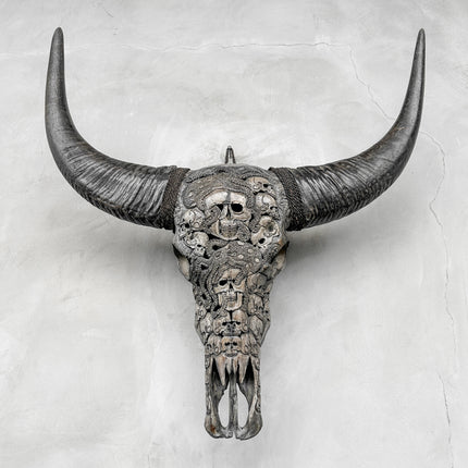 Caved Waterbuffalo Skulls with Human skull oktopus Carving Skull,A/094