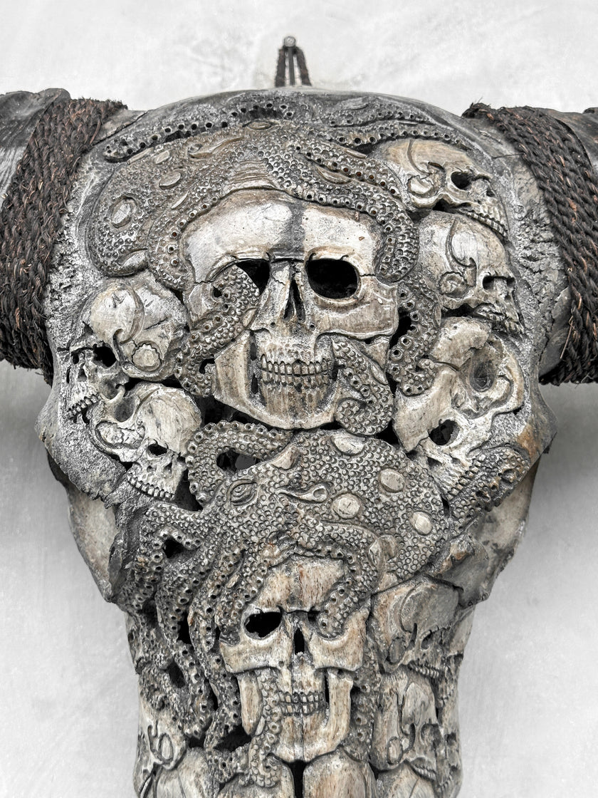 Caved Waterbuffalo Skulls with Human skull oktopus Carving Skull,A/094