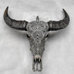 Carved Water Buffalo Skull with Small Lotus – Tribal Wall Art – Artisan Bone Sculpture with Engraved Horns - Skull,A/087