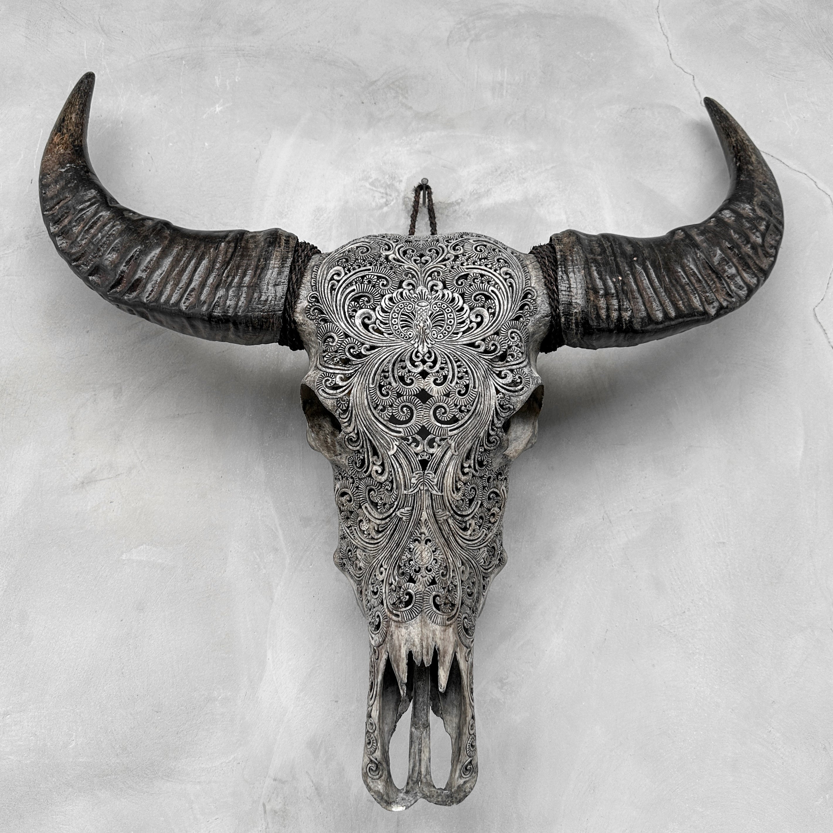 Carved Water Buffalo Skull with Small Lotus – Tribal Wall Art – Artisan Bone Sculpture with Engraved Horns - Skull,A/087